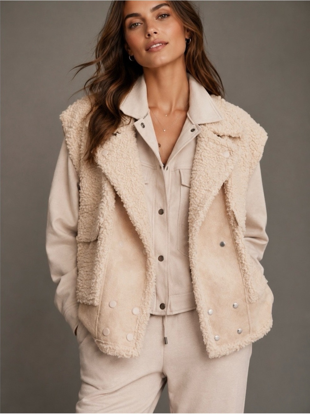 NWT Tribal Sherpa and Faux Suede Vest Sz L “Latte”
